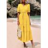 imagePRETTYGARDEN Womens Summer Midi Dress 2025 Casual Short Sleeve V Neck Buttons Belted Ruffle A Line Flowy Dress with PocketsYellow