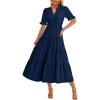imagePRETTYGARDEN Womens Casual Summer Midi Dress 2025 Spring Short Sleeve V Neck Tiered Flowy Beach Vacation Dress with PocketsNavy