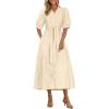 imagePRETTYGARDEN Womens Summer Midi Dress 2025 Casual Short Sleeve V Neck Buttons Belted Ruffle A Line Flowy Dress with PocketsApricot