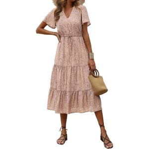 imagePRETTYGARDEN Floral Dress for Women 2025 Summer Casual Short Sleeve Maxi Dresses V Neck Tiered Flowy Boho Beach SundressApricot