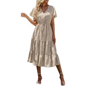 imagePRETTYGARDEN Floral Dress for Women 2025 Summer Casual Short Sleeve Maxi Dresses V Neck Tiered Flowy Boho Beach SundressApricot Leopard
