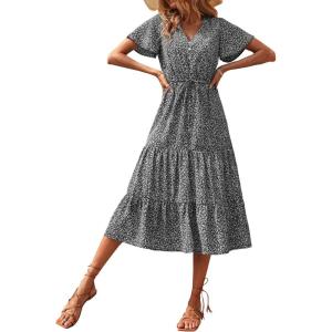 imagePRETTYGARDEN Floral Dress for Women 2025 Summer Casual Short Sleeve Maxi Dresses V Neck Tiered Flowy Boho Beach SundressBlack Floral