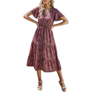 imagePRETTYGARDEN Floral Dress for Women 2025 Summer Casual Short Sleeve Maxi Dresses V Neck Tiered Flowy Boho Beach SundressBlack Red Floral