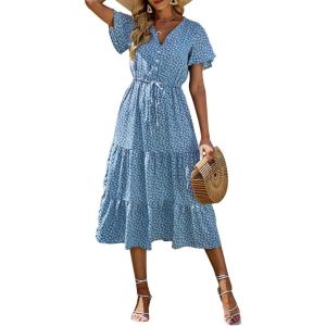 imagePRETTYGARDEN Floral Dress for Women 2025 Summer Casual Short Sleeve Maxi Dresses V Neck Tiered Flowy Boho Beach SundressBlue