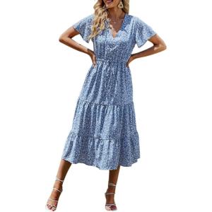 imagePRETTYGARDEN Floral Dress for Women 2025 Summer Casual Short Sleeve Maxi Dresses V Neck Tiered Flowy Boho Beach SundressBlue White Floral