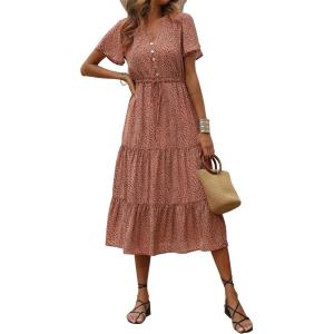 imagePRETTYGARDEN Floral Dress for Women 2025 Summer Casual Short Sleeve Maxi Dresses V Neck Tiered Flowy Boho Beach SundressBrick Red