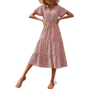imagePRETTYGARDEN Floral Dress for Women 2025 Summer Casual Short Sleeve Maxi Dresses V Neck Tiered Flowy Boho Beach SundressBrick Red Floral