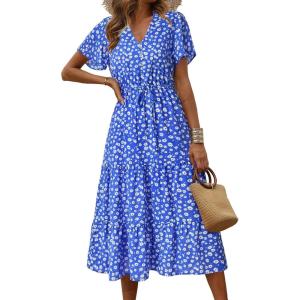 imagePRETTYGARDEN Floral Dress for Women 2025 Summer Casual Short Sleeve Maxi Dresses V Neck Tiered Flowy Boho Beach SundressDark Blue