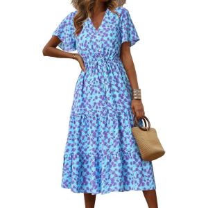 imagePRETTYGARDEN Floral Dress for Women 2025 Summer Casual Short Sleeve Maxi Dresses V Neck Tiered Flowy Boho Beach SundressLight Blue Purple Floral