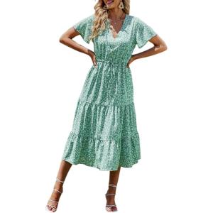 imagePRETTYGARDEN Floral Dress for Women 2025 Summer Casual Short Sleeve Maxi Dresses V Neck Tiered Flowy Boho Beach SundressLight Green