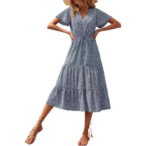 imagePRETTYGARDEN Floral Dress for Women 2025 Summer Casual Short Sleeve Maxi Dresses V Neck Tiered Flowy Boho Beach SundressNavy Floral