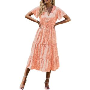 imagePRETTYGARDEN Floral Dress for Women 2025 Summer Casual Short Sleeve Maxi Dresses V Neck Tiered Flowy Boho Beach SundressOrange Yellow