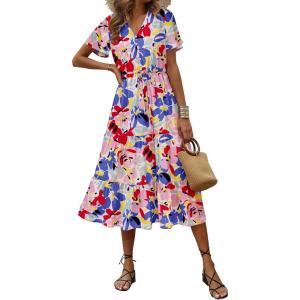 imagePRETTYGARDEN Floral Dress for Women 2025 Summer Casual Short Sleeve Maxi Dresses V Neck Tiered Flowy Boho Beach SundressPrint Multicolored