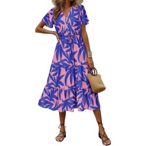imagePRETTYGARDEN Floral Dress for Women 2025 Summer Casual Short Sleeve Maxi Dresses V Neck Tiered Flowy Boho Beach SundressPrint Pink Purple
