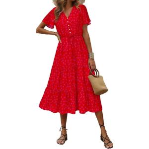 imagePRETTYGARDEN Floral Dress for Women 2025 Summer Casual Short Sleeve Maxi Dresses V Neck Tiered Flowy Boho Beach SundressPrint Red