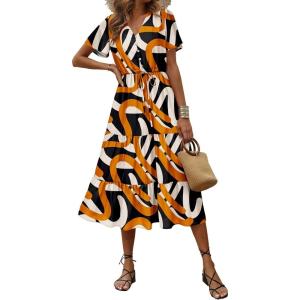 imagePRETTYGARDEN Floral Dress for Women 2025 Summer Casual Short Sleeve Maxi Dresses V Neck Tiered Flowy Boho Beach SundressPrint Yellow White
