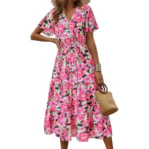 imagePRETTYGARDEN Floral Dress for Women 2025 Summer Casual Short Sleeve Maxi Dresses V Neck Tiered Flowy Boho Beach SundressRed