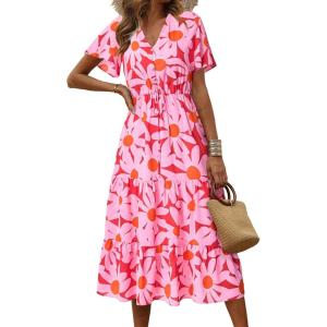 imagePRETTYGARDEN Floral Dress for Women 2025 Summer Casual Short Sleeve Maxi Dresses V Neck Tiered Flowy Boho Beach SundressRed Floral