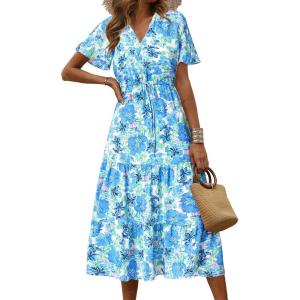 imagePRETTYGARDEN Floral Dress for Women 2025 Summer Casual Short Sleeve Maxi Dresses V Neck Tiered Flowy Boho Beach SundressWhite Blue Floral