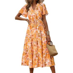 imagePRETTYGARDEN Floral Dress for Women 2025 Summer Casual Short Sleeve Maxi Dresses V Neck Tiered Flowy Boho Beach SundressWhite Yellow Floral