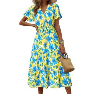imagePRETTYGARDEN Floral Dress for Women 2025 Summer Casual Short Sleeve Maxi Dresses V Neck Tiered Flowy Boho Beach SundressYellow Blue Floral