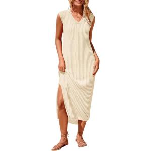 imagePRETTYGARDEN Womens 2025 Summer Casual Maxi Dresses Ribbed Knit Sleeveless V Neck 2 Piece Outfits with Slip Under DressApricot