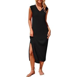 imagePRETTYGARDEN Womens 2025 Summer Casual Maxi Dresses Ribbed Knit Sleeveless V Neck 2 Piece Outfits with Slip Under DressBlack