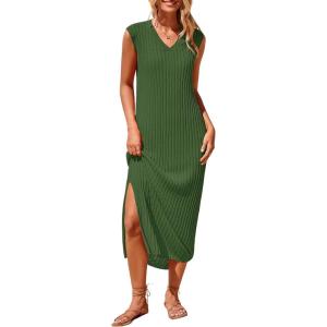 imagePRETTYGARDEN Womens 2025 Summer Casual Maxi Dresses Ribbed Knit Sleeveless V Neck 2 Piece Outfits with Slip Under DressGreen