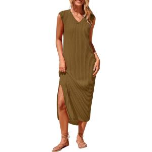 imagePRETTYGARDEN Womens 2025 Summer Casual Maxi Dresses Ribbed Knit Sleeveless V Neck 2 Piece Outfits with Slip Under DressKhaki