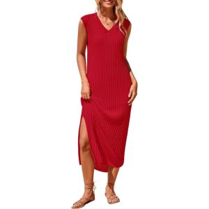 imagePRETTYGARDEN Womens 2025 Summer Casual Maxi Dresses Ribbed Knit Sleeveless V Neck 2 Piece Outfits with Slip Under DressRed