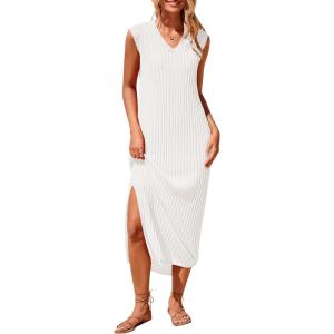 imagePRETTYGARDEN Womens 2025 Summer Casual Maxi Dresses Ribbed Knit Sleeveless V Neck 2 Piece Outfits with Slip Under DressWhite