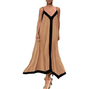 imagePRETTYGARDEN Womens 2025 Summer Maxi Dress Sleeveless V Neck Spaghetti Strap Flowy Elegant Holiday Party DressesKhaki