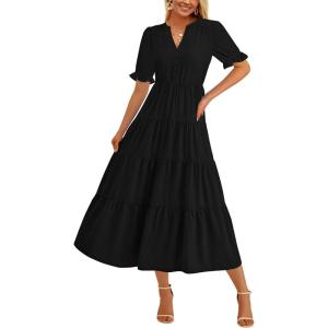 imagePRETTYGARDEN Womens Casual Summer Midi Dress 2025 Spring Short Sleeve V Neck Tiered Flowy Beach Vacation Dress with PocketsBlack