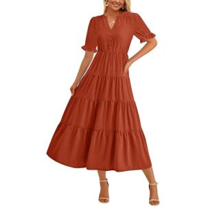 imagePRETTYGARDEN Womens Casual Summer Midi Dress 2025 Spring Short Sleeve V Neck Tiered Flowy Beach Vacation Dress with PocketsBrick Red