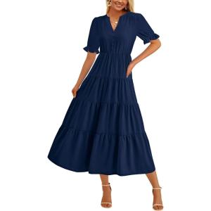 imagePRETTYGARDEN Womens Casual Summer Midi Dress 2025 Spring Short Sleeve V Neck Tiered Flowy Beach Vacation Dress with PocketsNavy