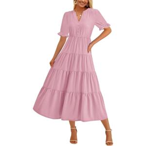 imagePRETTYGARDEN Womens Casual Summer Midi Dress 2025 Spring Short Sleeve V Neck Tiered Flowy Beach Vacation Dress with PocketsPink