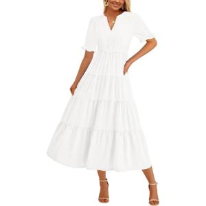 imagePRETTYGARDEN Womens Casual Summer Midi Dress 2025 Spring Short Sleeve V Neck Tiered Flowy Beach Vacation Dress with PocketsWhite