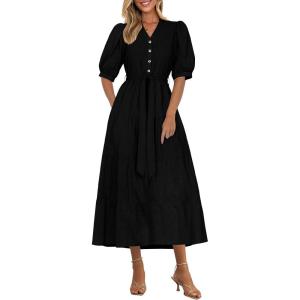 imagePRETTYGARDEN Womens Summer Midi Dress 2025 Casual Short Sleeve V Neck Buttons Belted Ruffle A Line Flowy Dress with PocketsBlack