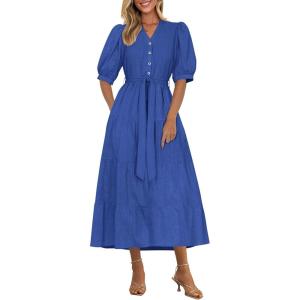 imagePRETTYGARDEN Womens Summer Midi Dress 2025 Casual Short Sleeve V Neck Buttons Belted Ruffle A Line Flowy Dress with PocketsBlue