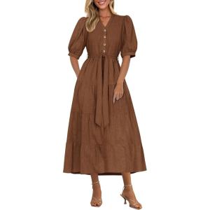 imagePRETTYGARDEN Womens Summer Midi Dress 2025 Casual Short Sleeve V Neck Buttons Belted Ruffle A Line Flowy Dress with PocketsCoffee