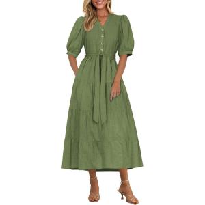 imagePRETTYGARDEN Womens Summer Midi Dress 2025 Casual Short Sleeve V Neck Buttons Belted Ruffle A Line Flowy Dress with PocketsCyan