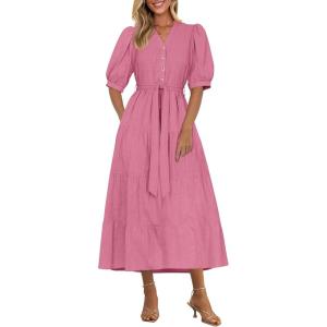 imagePRETTYGARDEN Womens Summer Midi Dress 2025 Casual Short Sleeve V Neck Buttons Belted Ruffle A Line Flowy Dress with PocketsDark Pink