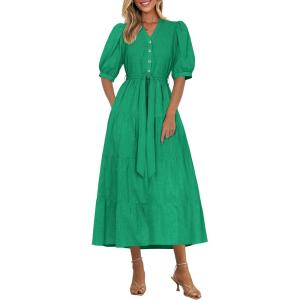 imagePRETTYGARDEN Womens Summer Midi Dress 2025 Casual Short Sleeve V Neck Buttons Belted Ruffle A Line Flowy Dress with PocketsGreen