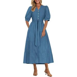 imagePRETTYGARDEN Womens Summer Midi Dress 2025 Casual Short Sleeve V Neck Buttons Belted Ruffle A Line Flowy Dress with PocketsGrey Blue