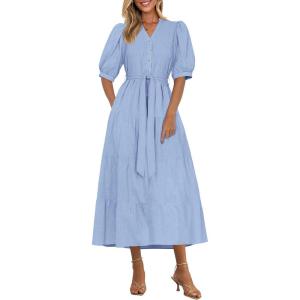 imagePRETTYGARDEN Womens Summer Midi Dress 2025 Casual Short Sleeve V Neck Buttons Belted Ruffle A Line Flowy Dress with PocketsLight Blue