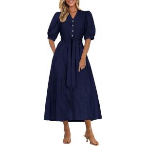 imagePRETTYGARDEN Womens Summer Midi Dress 2025 Casual Short Sleeve V Neck Buttons Belted Ruffle A Line Flowy Dress with PocketsNavy