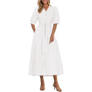 imagePRETTYGARDEN Womens Summer Midi Dress 2025 Casual Short Sleeve V Neck Buttons Belted Ruffle A Line Flowy Dress with PocketsWhite