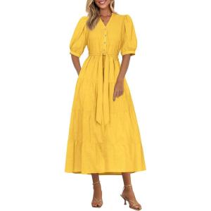 imagePRETTYGARDEN Womens Summer Midi Dress 2025 Casual Short Sleeve V Neck Buttons Belted Ruffle A Line Flowy Dress with PocketsYellow