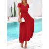 imagePRETTYGARDEN Womens Summer Maxi Dresses 2025 Trendy Casual Button V Neck Ruffle Cap Sleeve Long Flowy Pleated DressRed