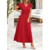 imagePRETTYGARDEN Womens Summer Maxi Dresses 2025 Trendy Casual Button V Neck Ruffle Cap Sleeve Long Flowy Pleated DressRed